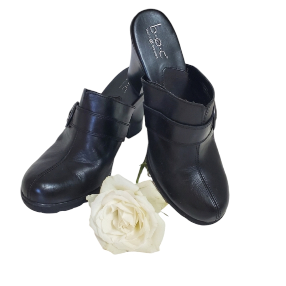 BOC Black Leather Heeled Clogs With Side Buckle Western, Size 9